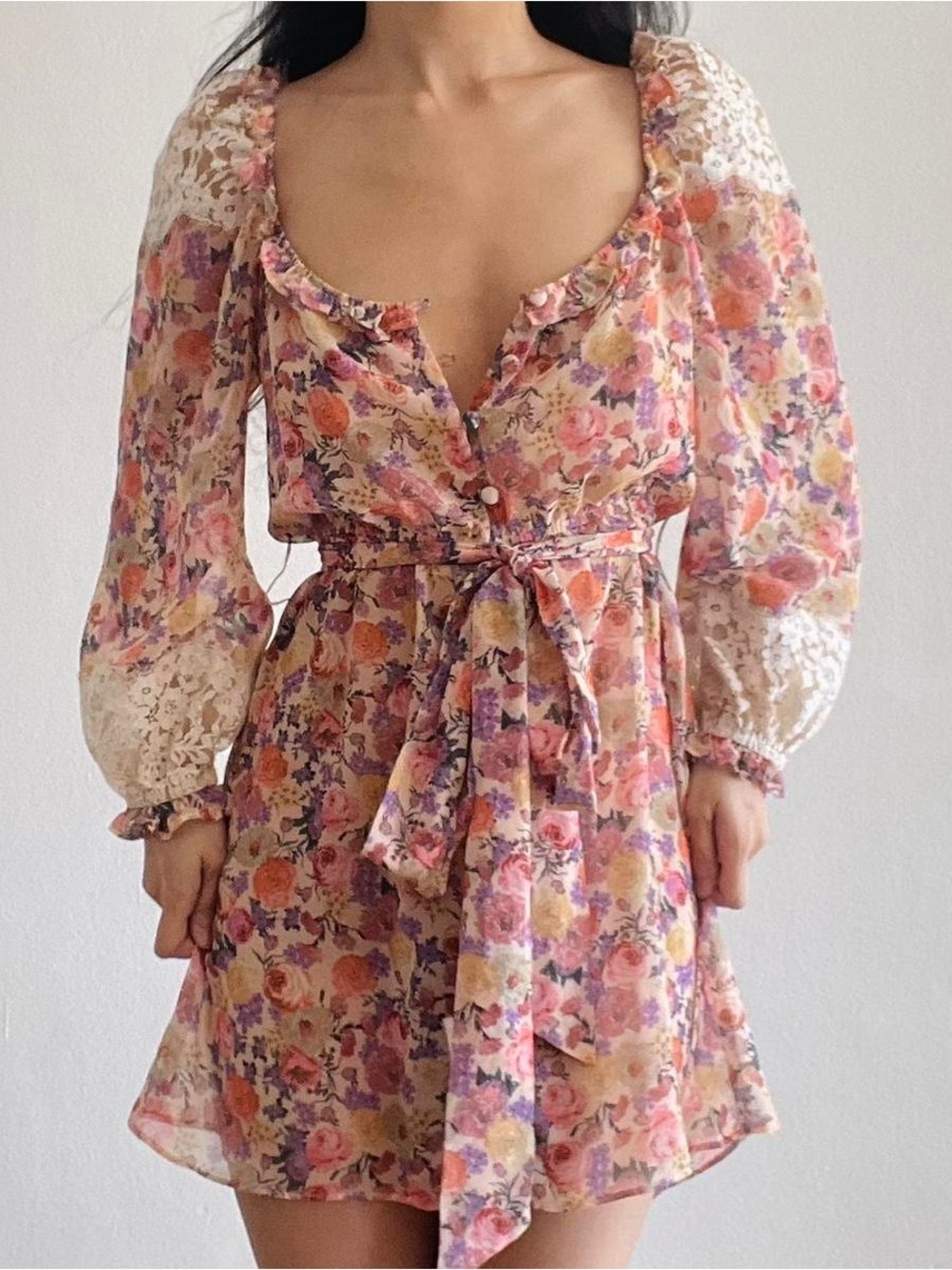For Love & Lemons NWT Floral Lace Puff Sleeve Vintage Inspired Coquette Dress